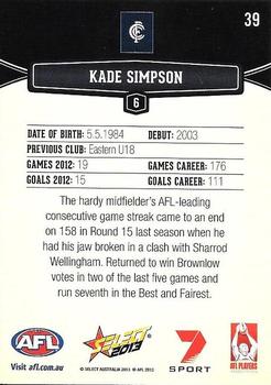 2013 Select AFL Champions #39 Kade Simpson Back